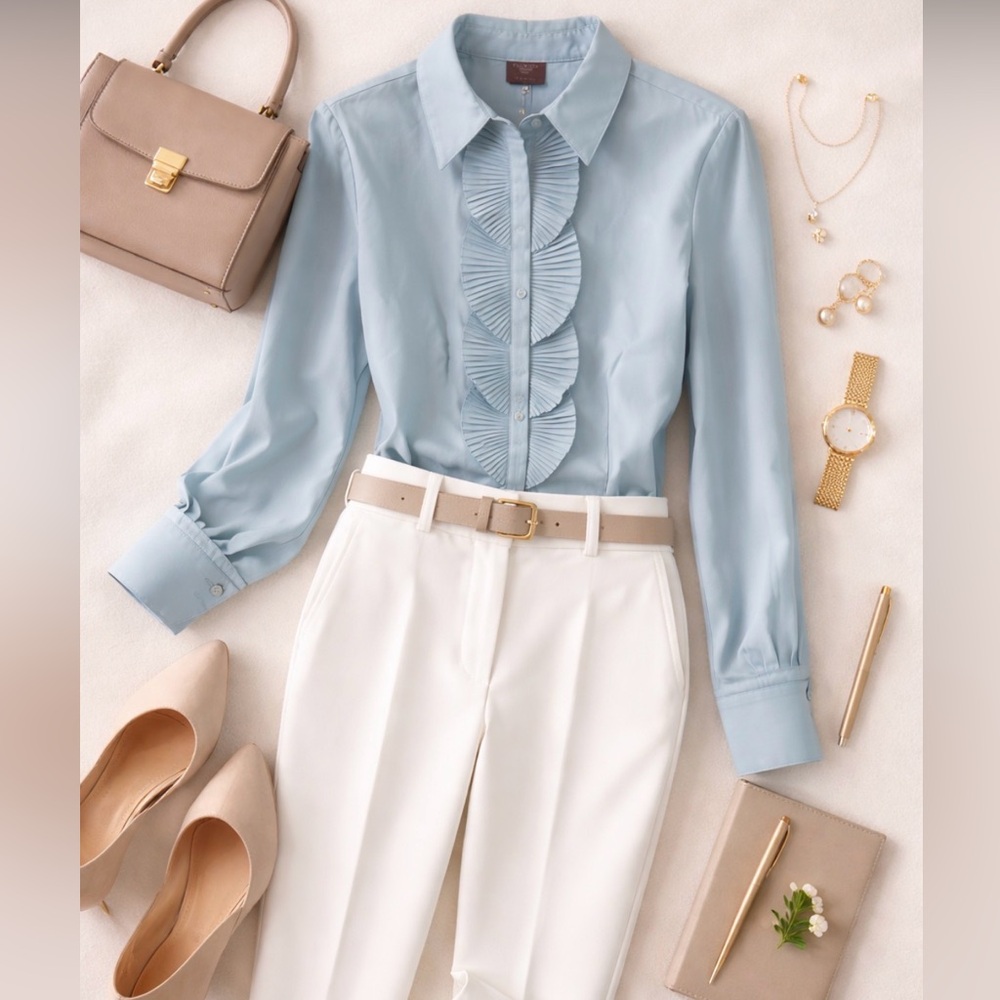 Talbots ruffle fan Light Blue scalloped pleated Button down Shirt blouse NEW NWT